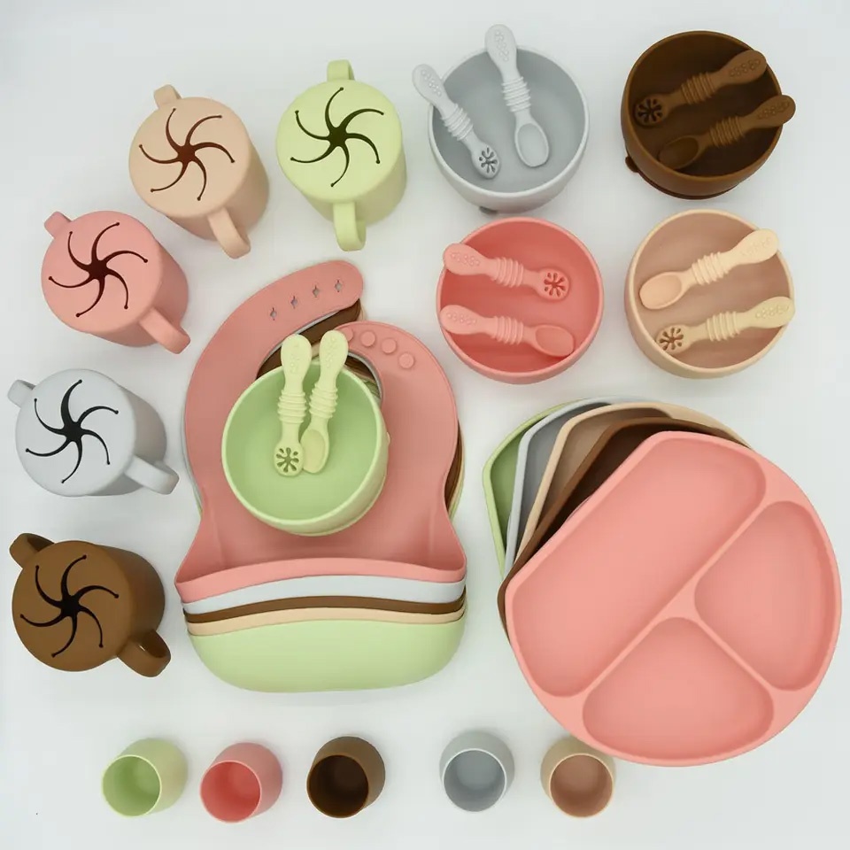 Auzen New Baby Led Weaning Set of 9 Bibs with Spoon BPA Free Silicone Suction Bowl Plate Self Eating Utensils Set