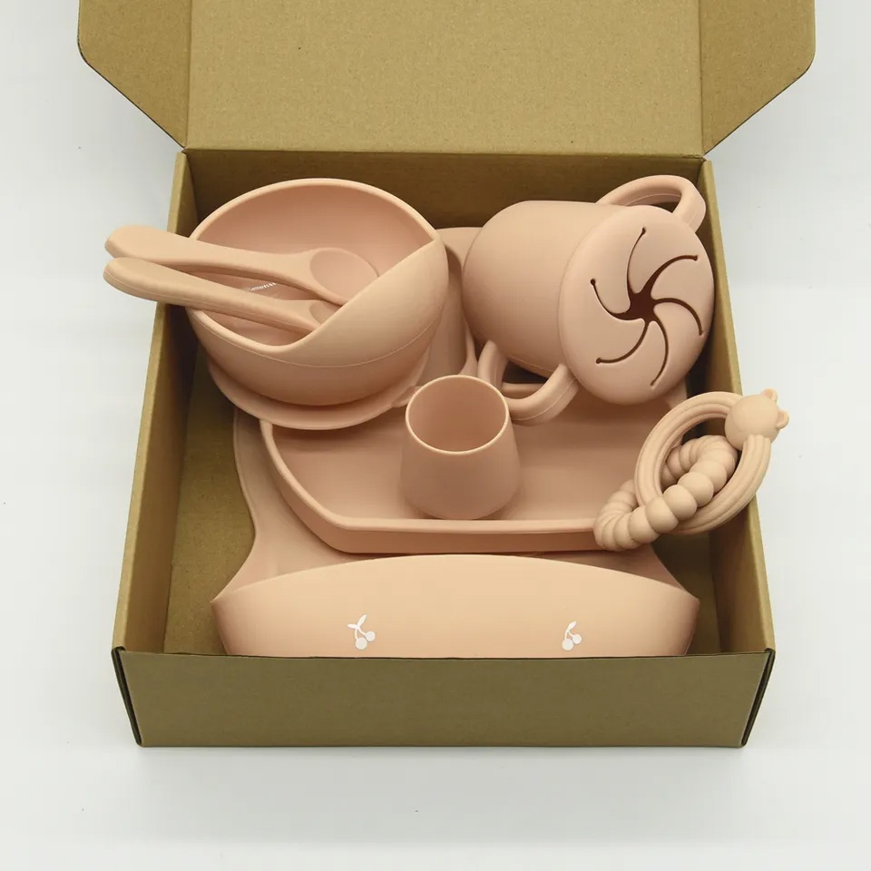 Auzen New Baby Led Weaning Set of 9 Bibs with Spoon BPA Free Silicone Suction Bowl Plate Self Eating Utensils Set