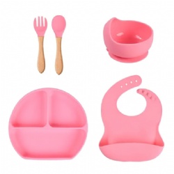 Hot Sale 5pcs Set Children Feeding Silicone Bowl and Spoon Silicone Bibs and Plates Set for Baby Dinnerware Feeding Sets