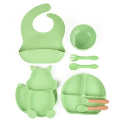 Auzen baby Dinnerware set 8 pcs a set Silicone Bib / plate /bowl /Spoon Feeding Set