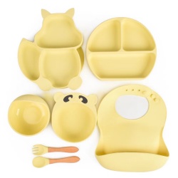 Auzen baby Dinnerware set 7 pcs a set Silicone Bib / plate /bowl /Spoon Feeding Set